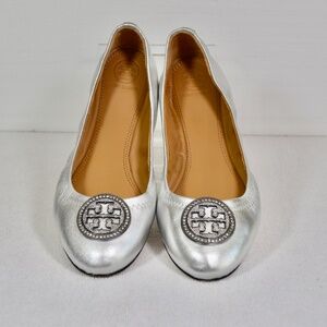 Tory Burch Women's Liana Round Toe Rhinestone Logo Metallic Leather Ball…